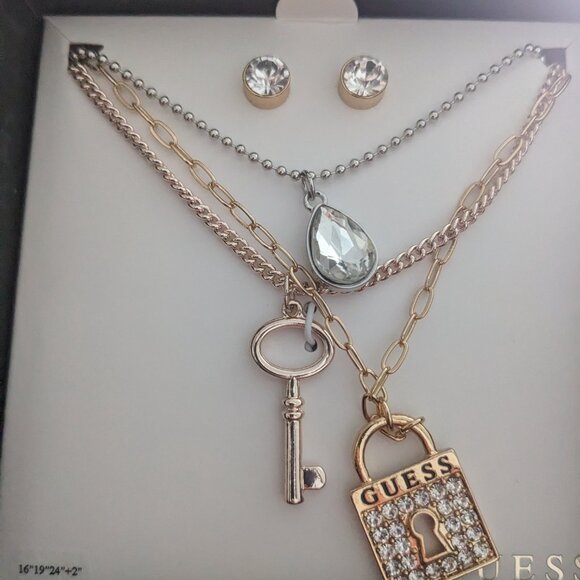 NWOT GUESS Gold-Tone  & Silver Layered Necklace & Earring Set  Lock & Key Design - Picture 4 of 4